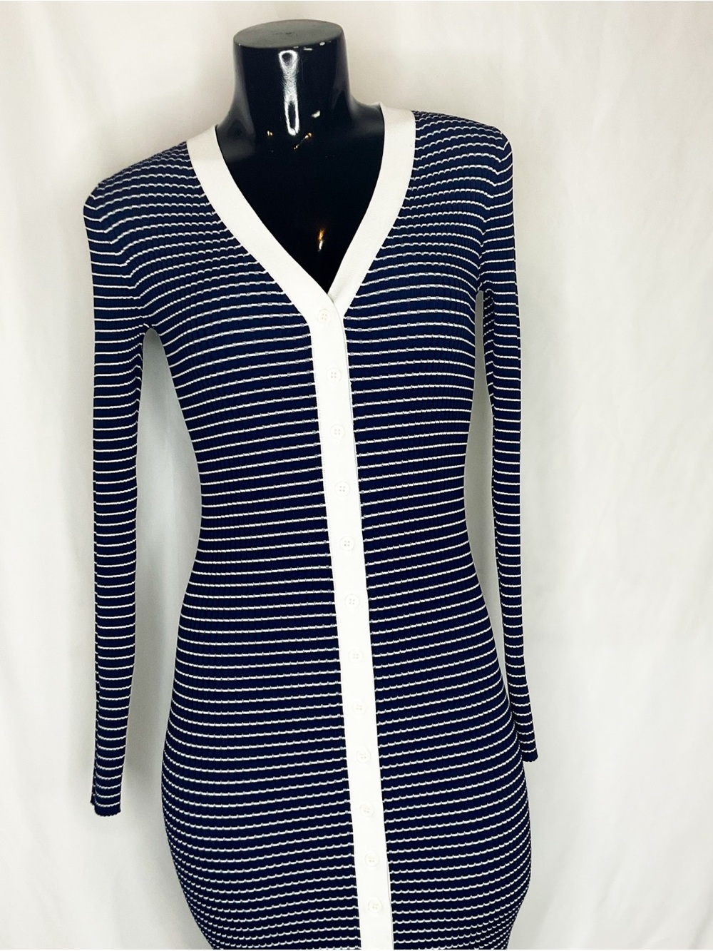 STAUD Navy White Striped Rib Knit Dress Small